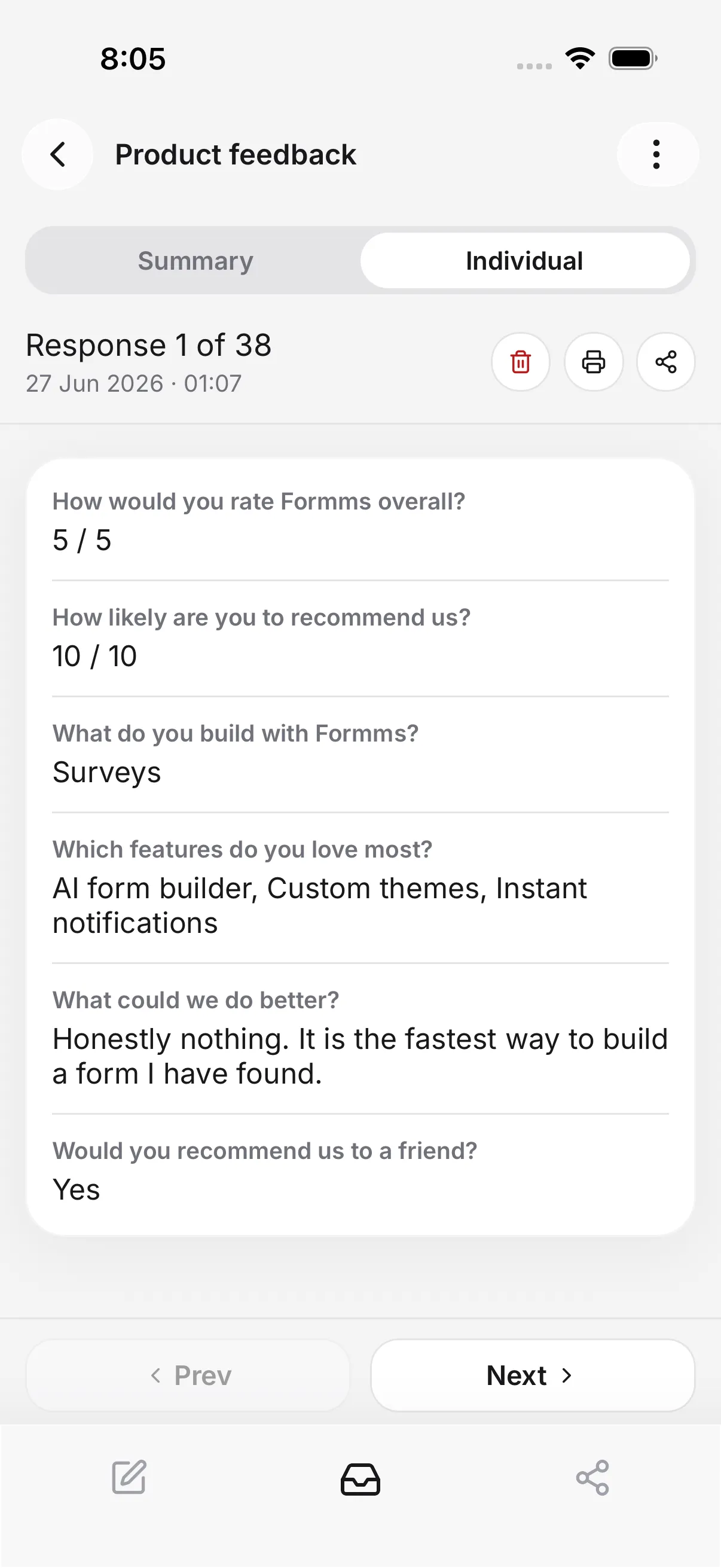The Formms responses screen with summary stats, answer list, and CSV export