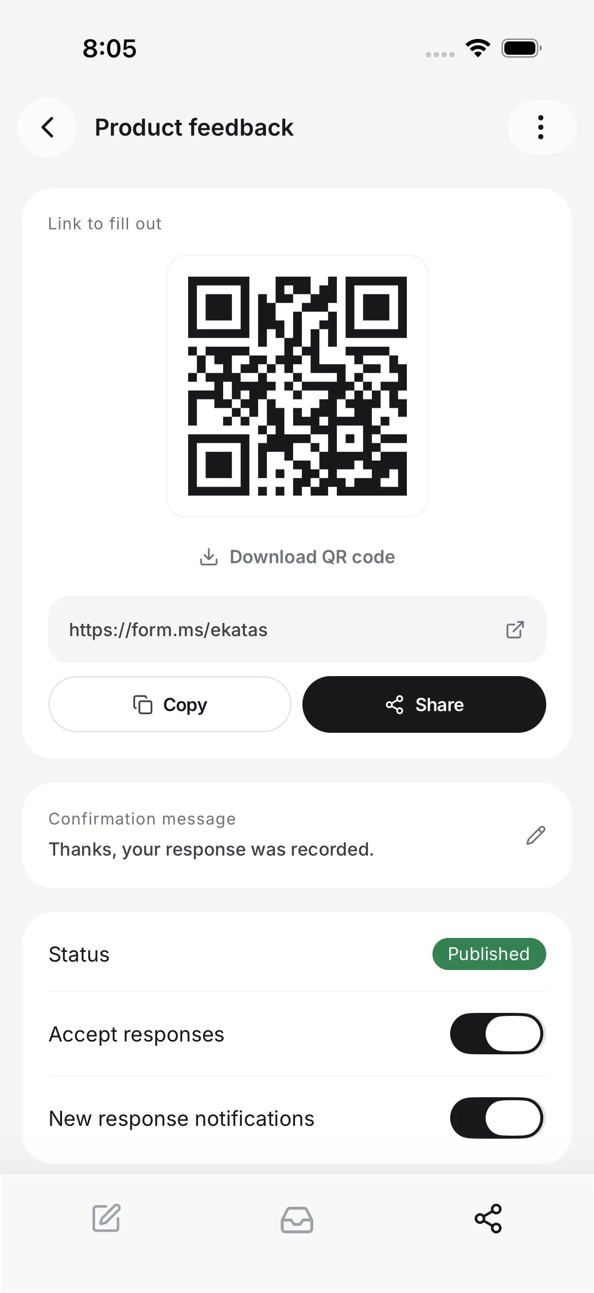 The Formms share screen showing link, website embed, WordPress, Tag Manager, and QR code options