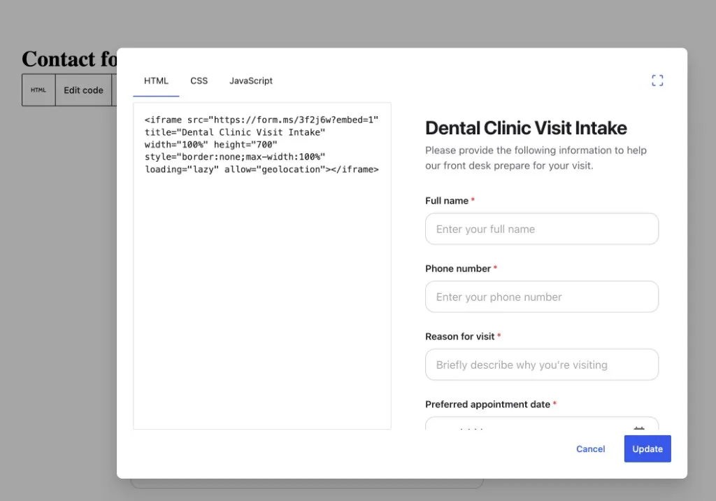 Formms iframe pasted in a WordPress HTML block