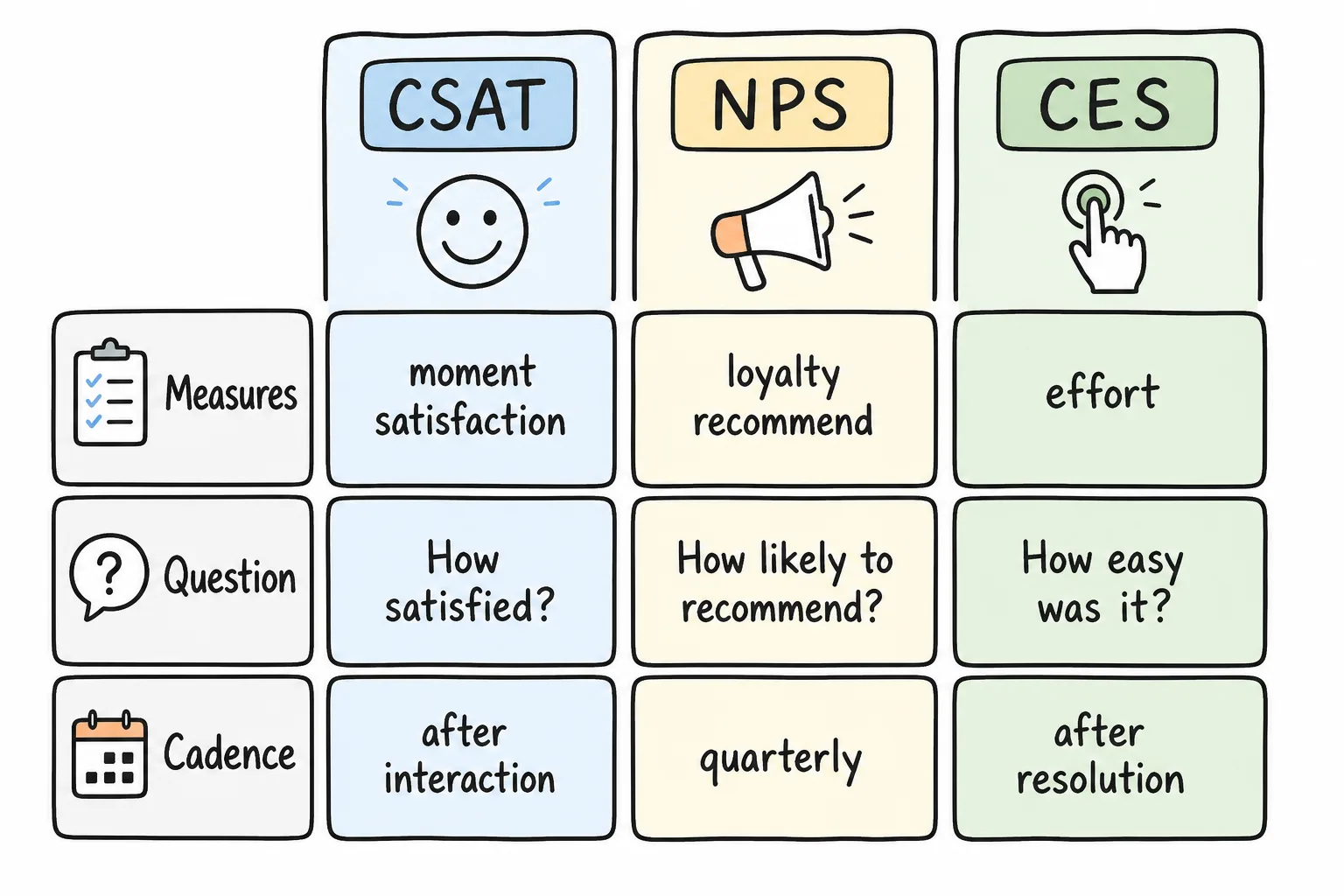 Side-by-side comparison of CSAT, NPS, and CES