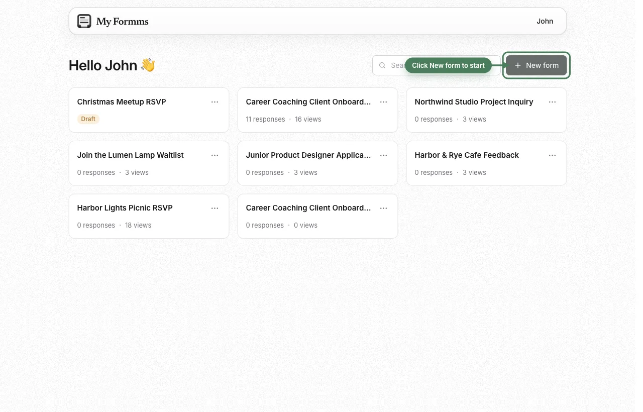 Formms dashboard with existing forms and the New form button
