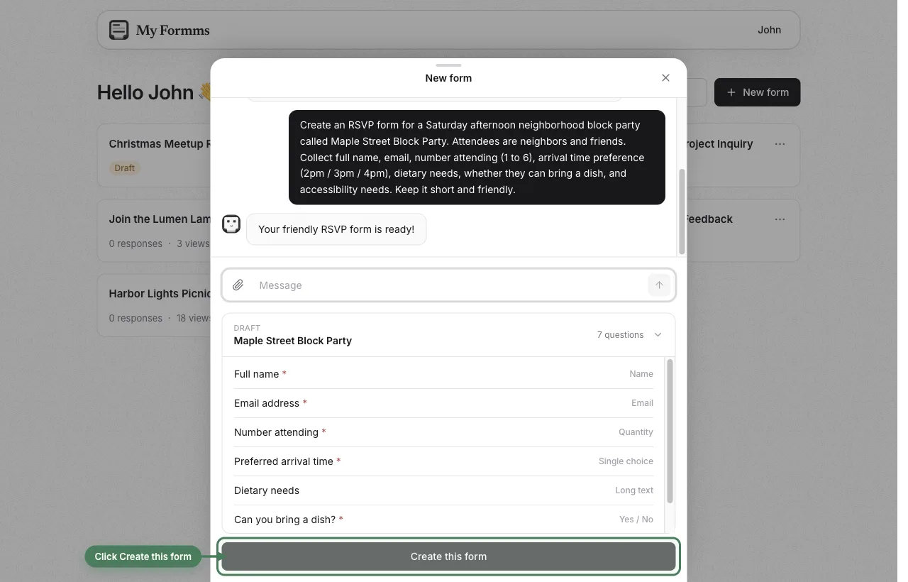 AI drafts a seven-question block party RSVP from a prompt
