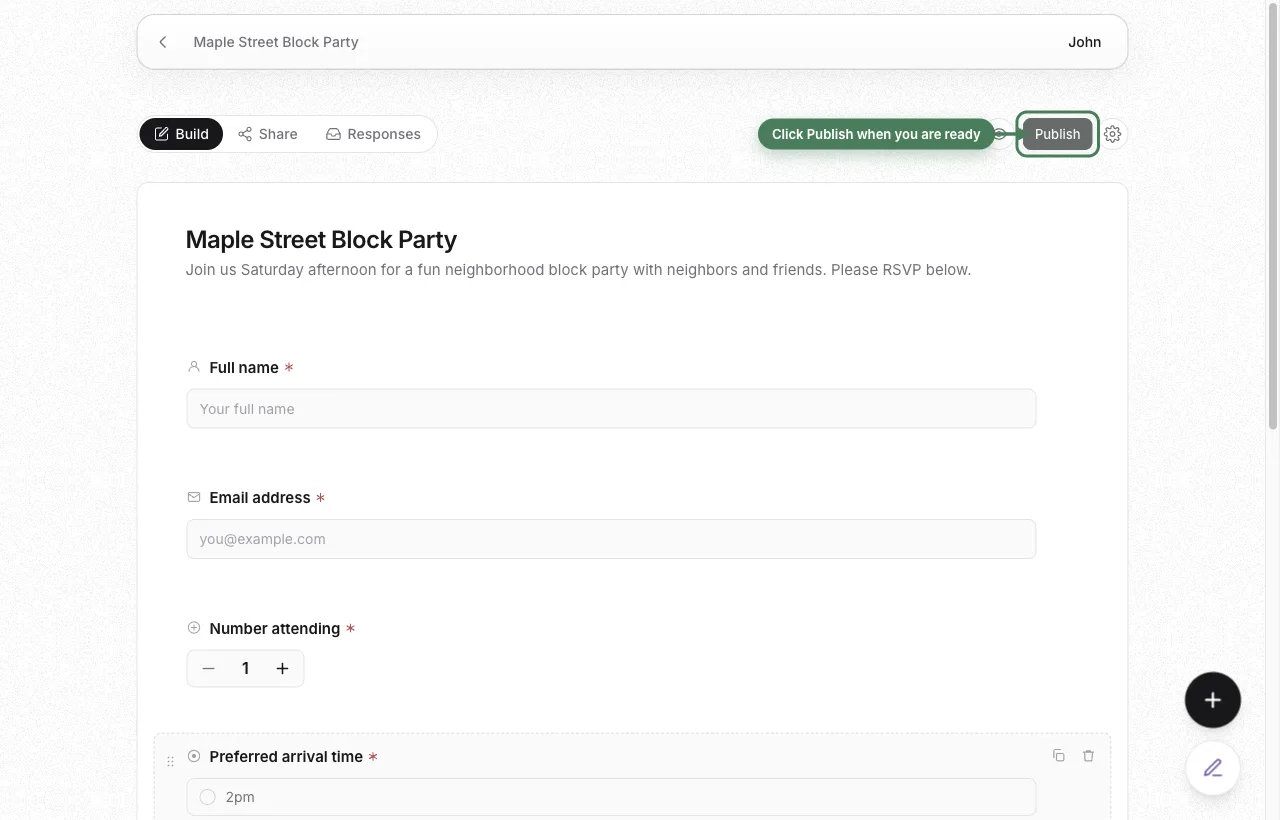 Unpublished Maple Street Block Party form with Publish in the toolbar