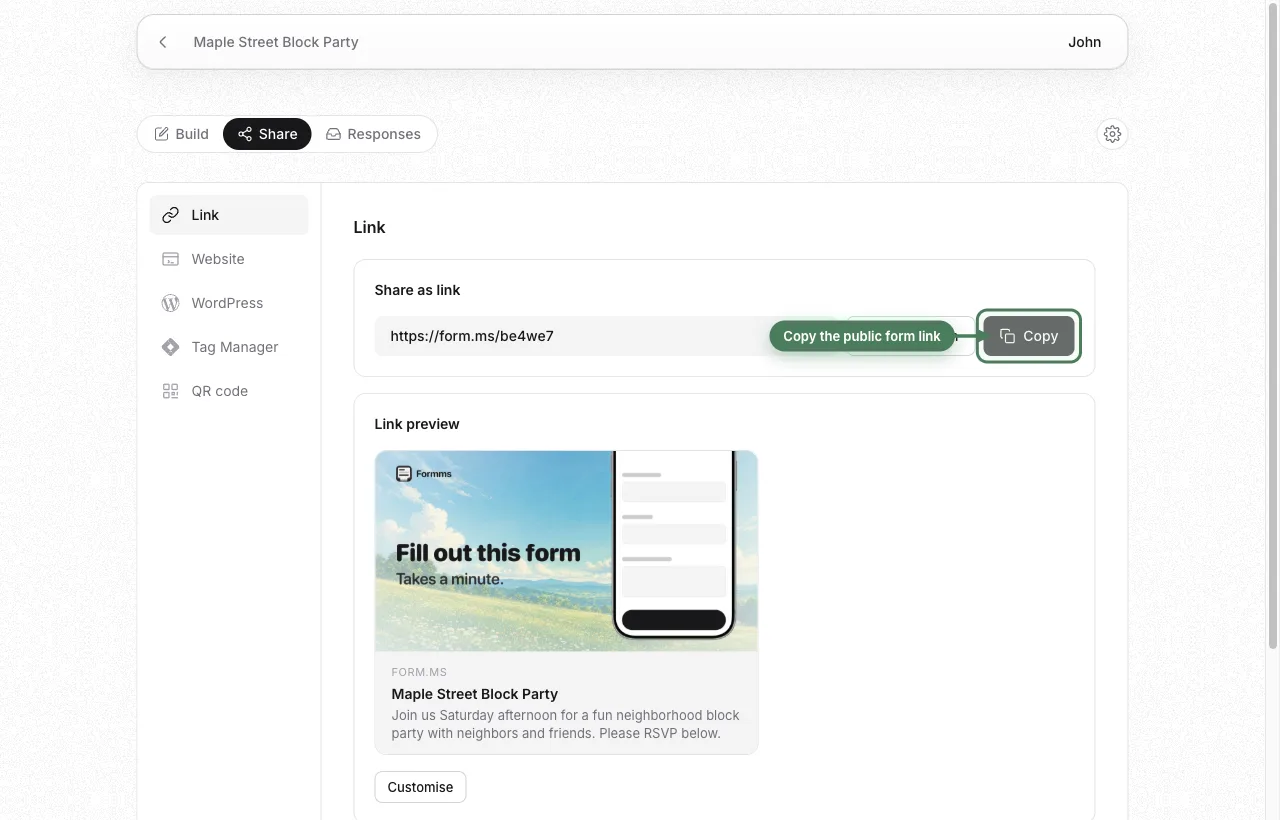 Share tab with the public form.ms link and social preview