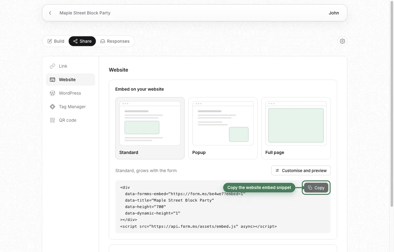 Website embed panel with Standard selected and the embed.js snippet