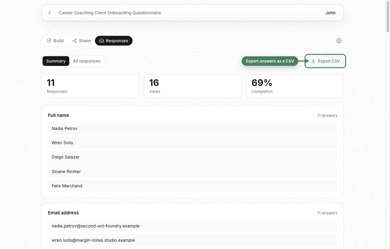 Responses summary with 11 responses, 16 views, and CSV export