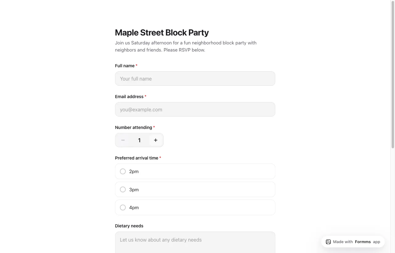 Published Maple Street Block Party RSVP form