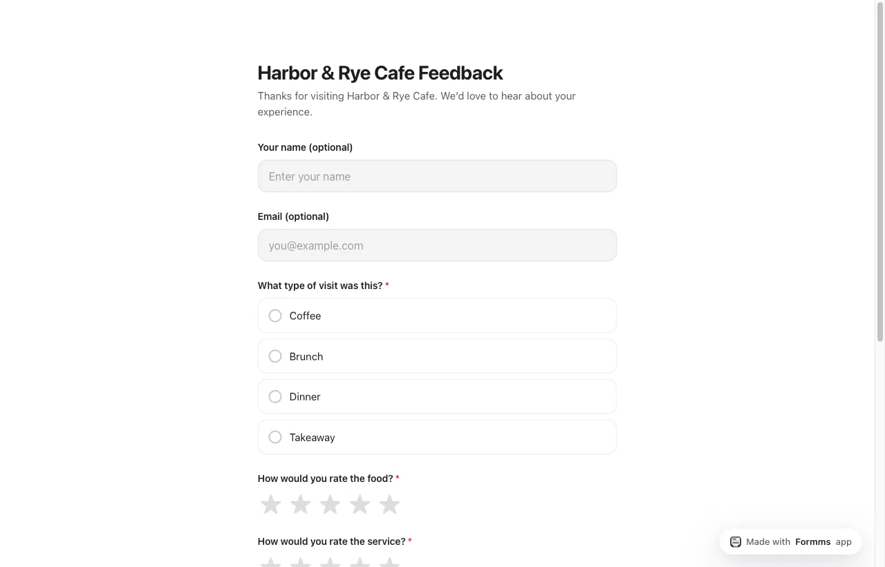 Harbor & Rye Cafe feedback form with star ratings
