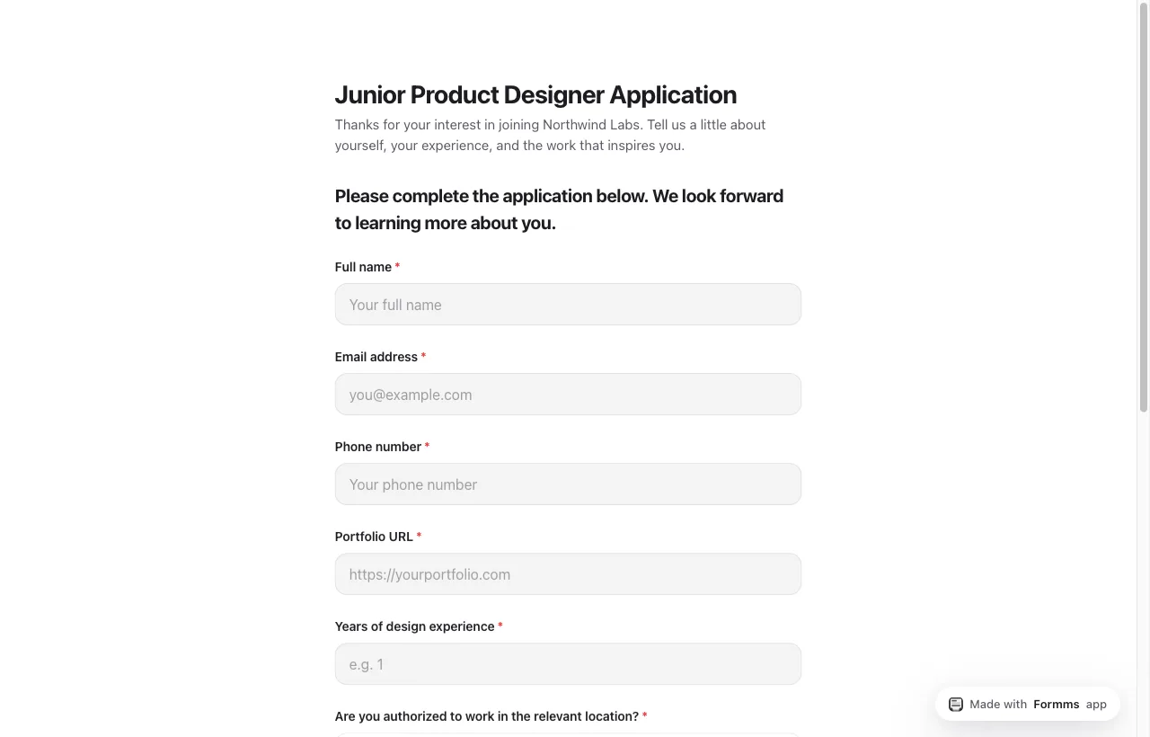 Junior Product Designer application with resume upload