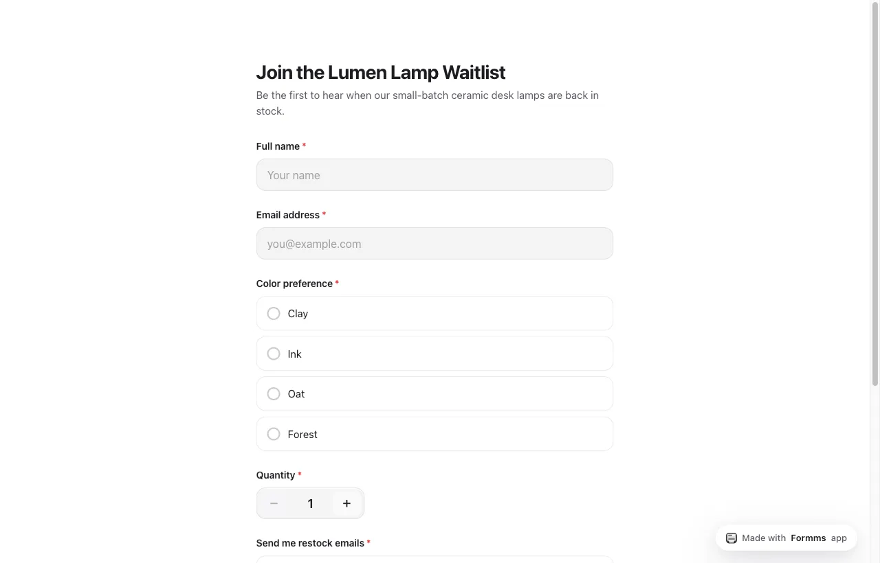 Lumen Lamp waitlist with color radios and quantity stepper