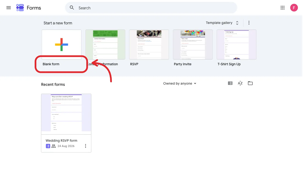 Google Forms home with Blank form highlighted