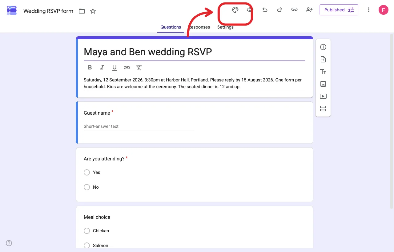 Google Forms editor with Customize theme highlighted
