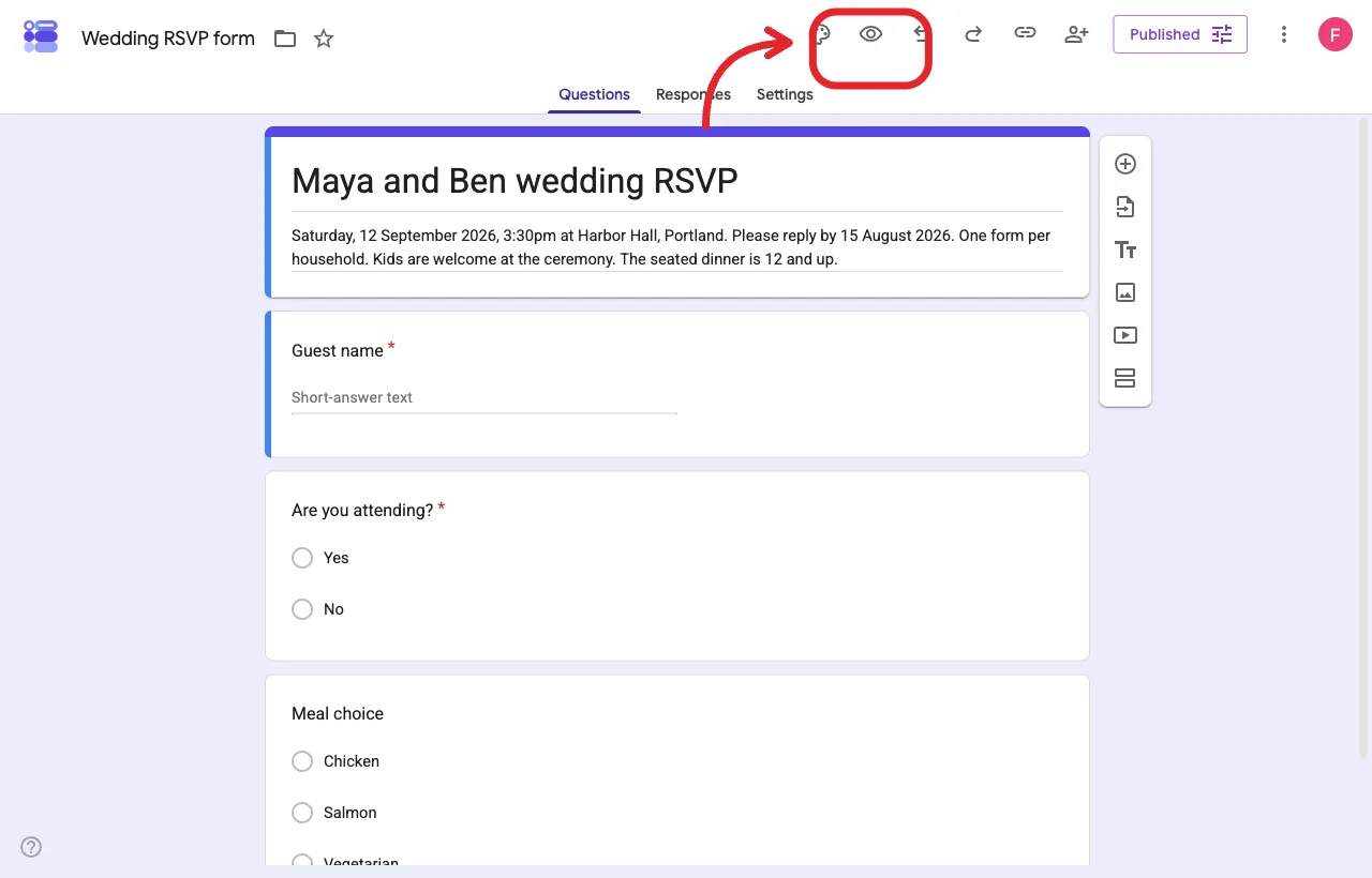 Google Forms editor with Preview highlighted