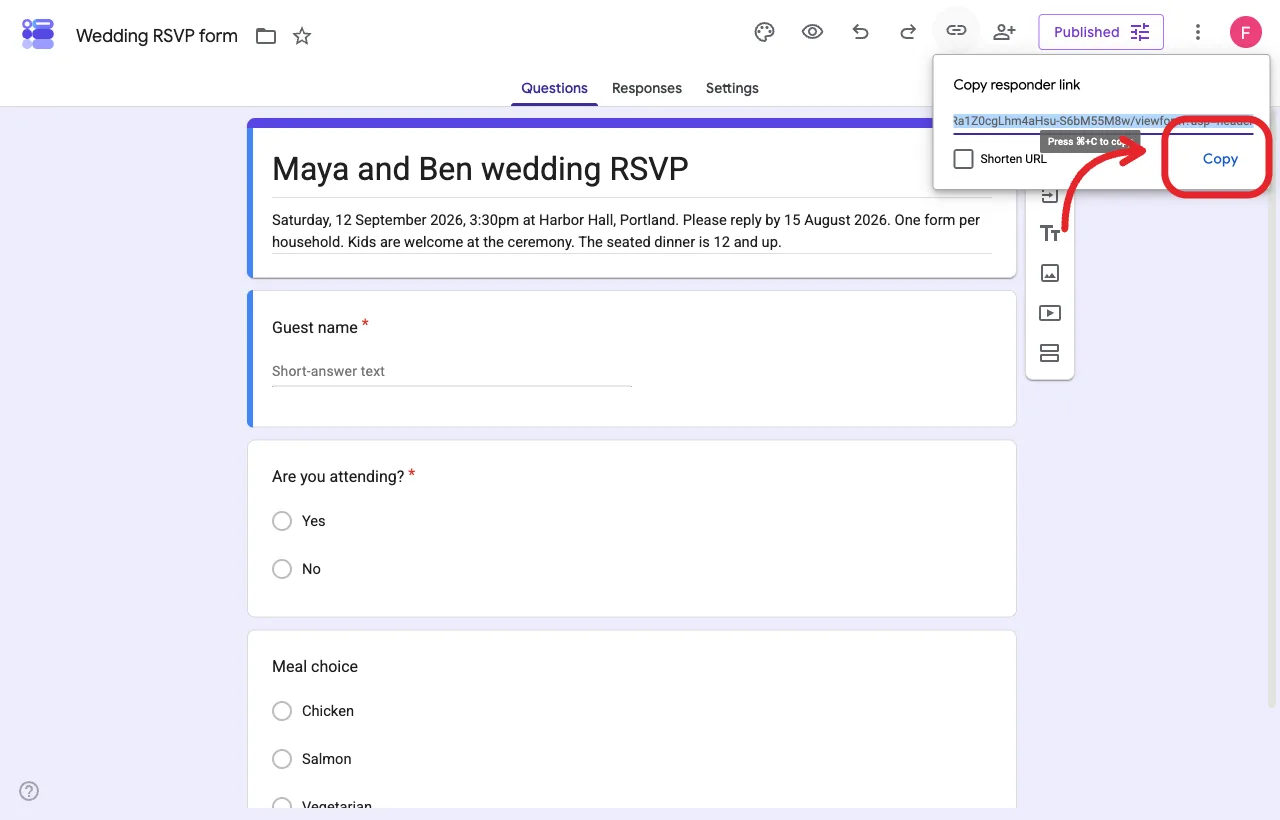 Copy responder link dialog on the wedding RSVP form