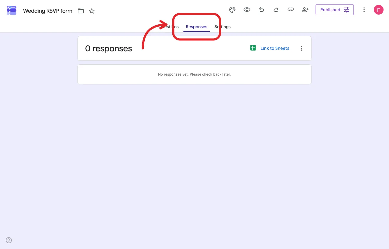 Google Forms Responses tab with zero replies