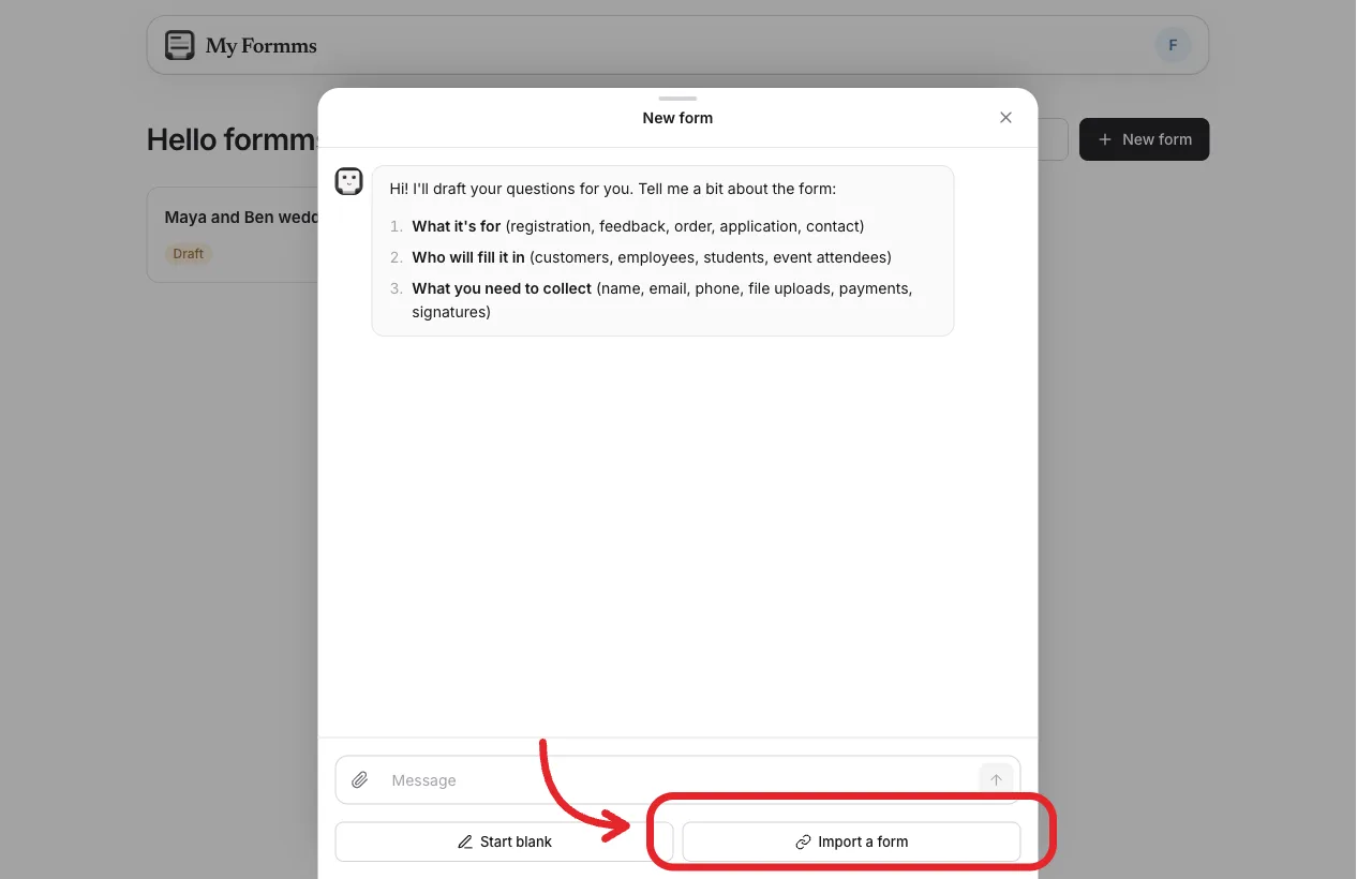 New form dialog with Import a form highlighted