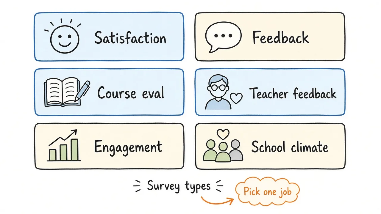 Six student survey types in a simple grid