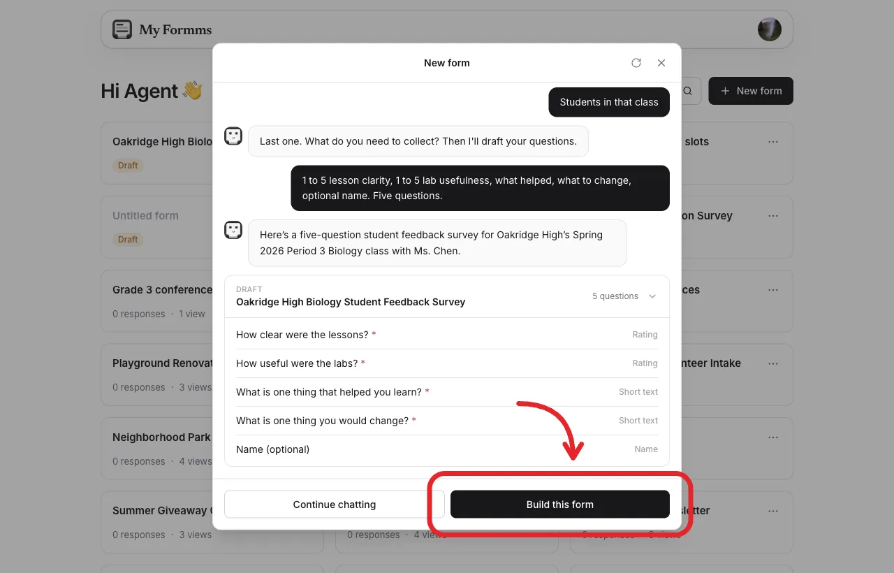 AI draft of a student feedback survey ready to create