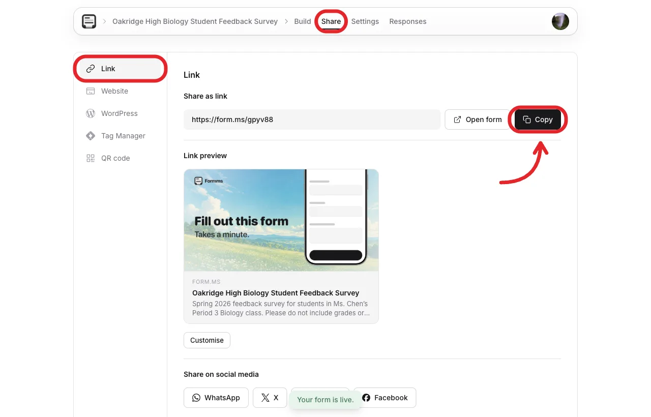 Share tab with the public form.ms link