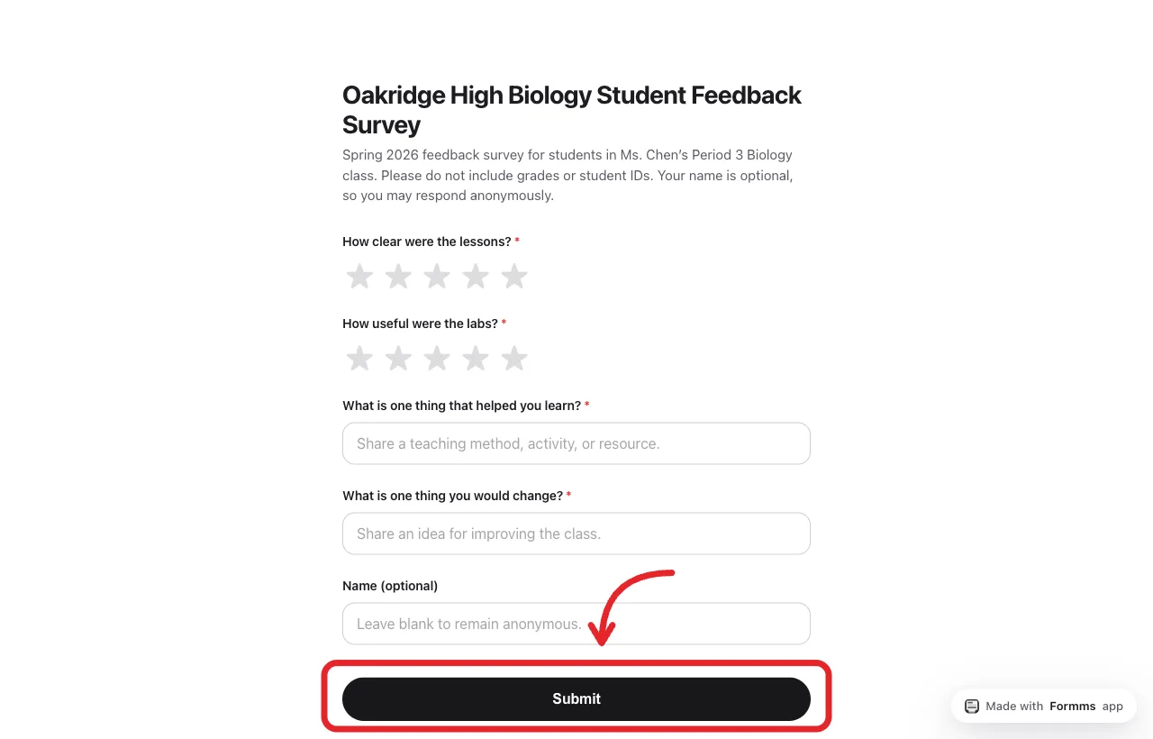 Live student feedback survey after publish